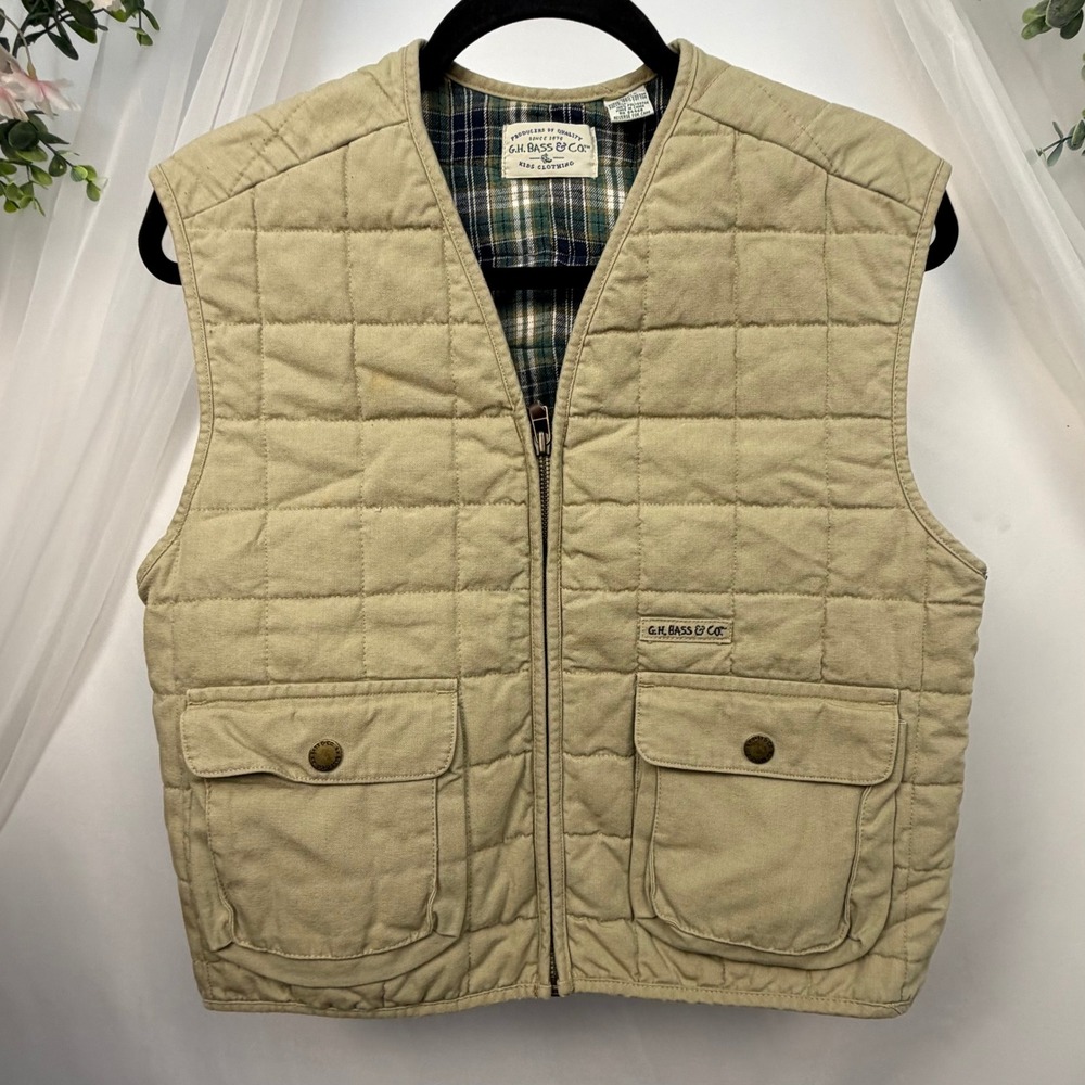 GH Bass Kids Quilted Vest Tan Khaki Plaid Lined Full Zip Pockets Size XXL 14